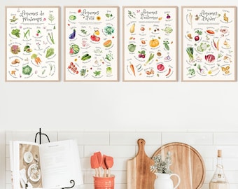 May include: Four framed watercolor prints showcasing seasonal vegetables. Each print features a collection of vegetables with their names in French: "Legumes de Printemps", "Legumes d'ete", "Legumes d'automne", and "Legumes d'hiver". The prints are displayed above a kitchen counter.