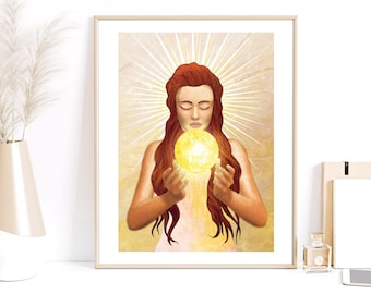 Sun goddess wall print, sacred feminine illustration, goddess poster, spiritual wall decor, fine art print, celestial female empowerment
