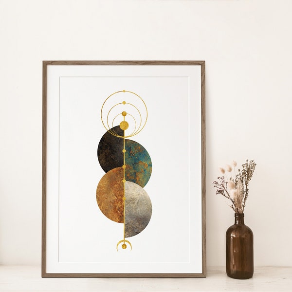 Affiche motif géométrique modern galaxy, décoration murale moderne, art abstrait, tirage d'art numérique cuivre et or