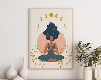 Meditation yoga wall art, yoga art print, sacred feminine art, spiritual woman art, Yoga Gift, moon cycles print, mindfulness print,  