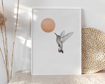 Affiche colibri line art, poster oiseau line art, poster colibri minimaliste, illustration colibri, poster lune aquarelle