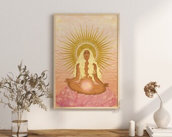 Affiche méditation "rise and shine", poster féminin sacré, illustration art féminin