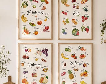 May include: Four rectangular wall art prints featuring watercolor illustrations of seasonal fruits and vegetables labeled in French. The prints are titled Printemps, Été, Automne, and Hiver, each displaying a variety of produce arranged on a cream background.