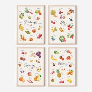 Set de 4 affiches fruits de saison, illustration fruits aquarelle, affiche cuisine, cadeau de noël pour la cuisine