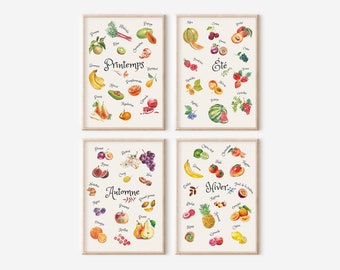 May include: Four watercolor illustrations of fruits and vegetables grouped by season. The top left illustration is labeled "Printemps" and features fruits and vegetables common to spring. The top right illustration is labeled "Eté" and features fruits and vegetables common to summer. The bottom left illustration is labeled "Automne" and features fruits and vegetables common to autumn. The bottom right illustration is labeled "Hiver" and features fruits and vegetables common to winter.