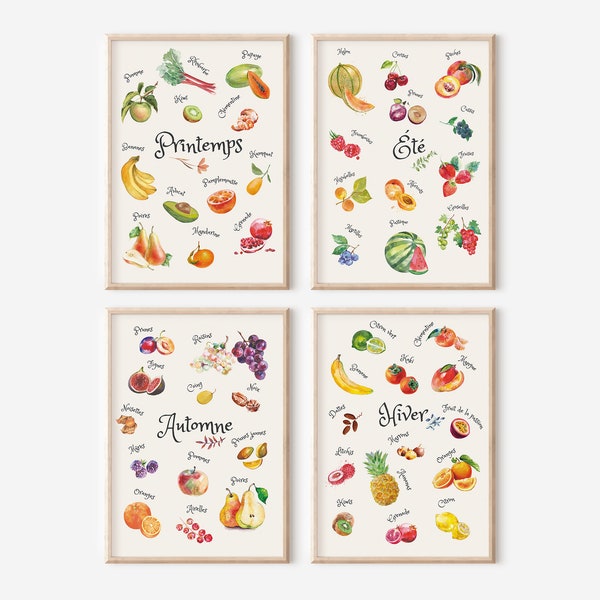 Set de 4 affiches fruits de saison, illustration fruits aquarelle, affiche cuisine, cadeau de noël pour la cuisine