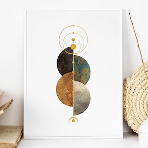 May include: Abstract geometric art print with gold circles and semi-circles, and three overlapping circles in shades of brown, blue, and black.