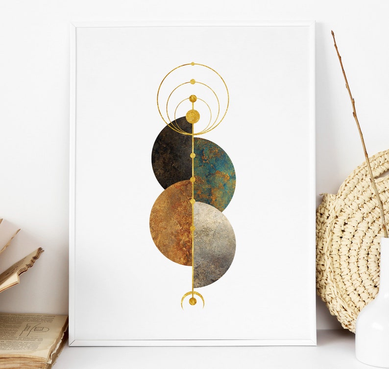 May include: Abstract geometric art print with gold circles and semi-circles, and three overlapping circles in shades of brown, blue, and black.
