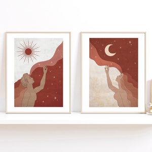 Sun and moon print set, lovers art print, abstract mythology art, boho celestial landscape wall print, mid century terracotta wall decor