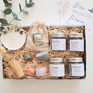 Coffret cadeau spa lithothérapie, sels de bain floraux parfumés, bougie naturelle fleurs séchées, cadeau femme personnalisable