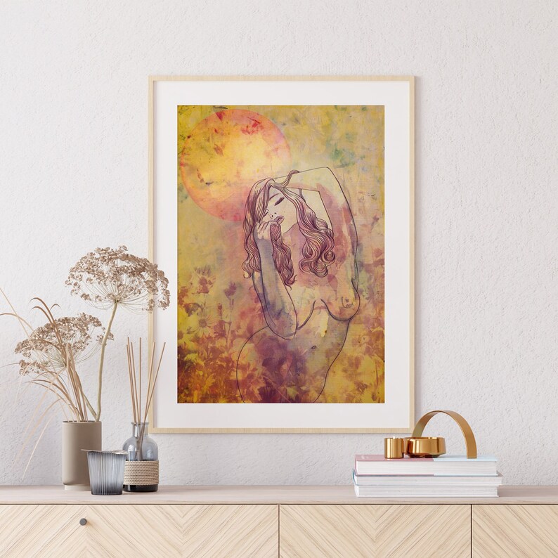 May include: A digital art print depicting a woman with long, flowing hair, standing in a field of flowers. The background is a watercolour wash of yellow, orange, and pink.