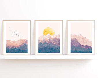 set of 3 rising sun mountain art print, minimal mid century  boho landscape art, astract mountain wall art, sunset landscape poster