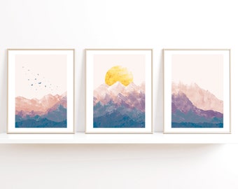 Set d'affiches paysage abstrait, poster levé de soleil boho, triptyque paysage minimaliste, poster paysage montagne