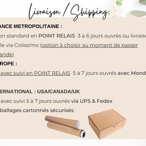 May include: Shipping information for France, Europe, and the USA, Canada, and UK.  The text states that standard delivery in France takes 3 to 6 business days, delivery to Europe takes 5 to 7 business days, and delivery to the USA, Canada, and UK takes 5 to 7 business days.  The image also shows a cardboard box and two brown mailing tubes.