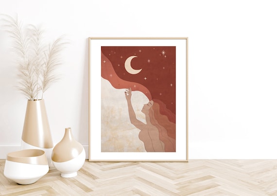 Affiche déesse de la lune boho, poster féminin sacré, poster terracotta, illustration art spirituel