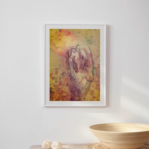May include: A framed print depicting a woman with long hair, standing in a field of flowers. The background is a watercolour wash of yellow, orange, and pink.