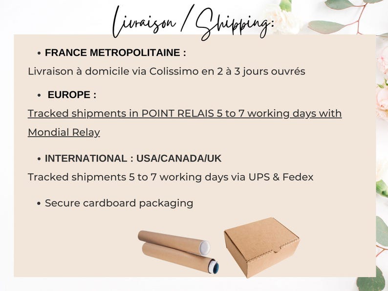 May include: A white card with black text outlining shipping information for France, Europe, and International orders. The text includes shipping times and carriers. The image also shows a brown cardboard box and two brown cardboard tubes.