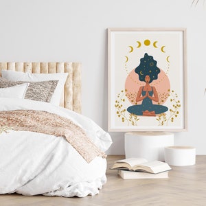 May include: A digital illustration of a woman meditating with her eyes closed. Her hair is styled in an afro and has a starry night sky design. The background is a light pink circle with gold crescent moons and stars.