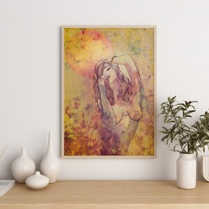 May include: A watercolour painting of a woman with long hair, standing in a field of flowers. The woman is nude and has her arms raised above her head. The background is a soft yellow and orange colour.