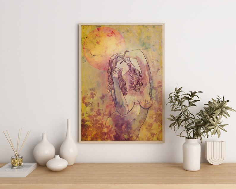 May include: A watercolour painting of a woman with long hair, standing in a field of flowers. The woman is nude and has her arms raised above her head. The background is a soft yellow and orange colour.
