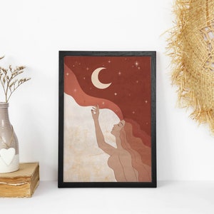 May include: A digital illustration of a woman with long red hair reaching up to touch a crescent moon in a starry night sky. The background is a gradient of red and orange.