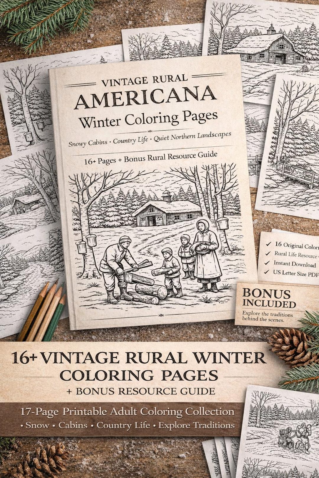 Vintage Rural Winter Coloring Pages | 17-page Printable Adult Coloring ...