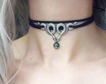 Snake Choker Labradorite Choker Necklace Snake Necklace Wrap Choker Black Choker Witchy Jewelry Snake Jewelry Snakes Grunge Goth