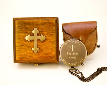 Personalized Wooden Box & Engraved Compass - Unique Gift for special occasion, Baptism, Confirmation - Perfect for Grandchild or Godfather