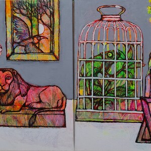 May include: A still life painting featuring a lion laying down on a platform, a vase of pink tulips, a birdcage with a green plant inside, a small figure of a person sitting with their hands clasped, a vase of yellow flowers, and a framed picture of a woman with long dark hair.