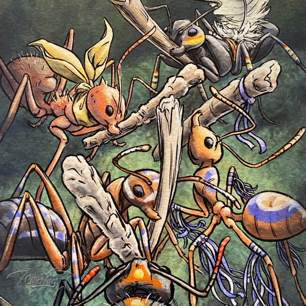 The Five of Wands as Ants Tarot Card Art Print - "Dance/Fight" by Stephanie Smith
