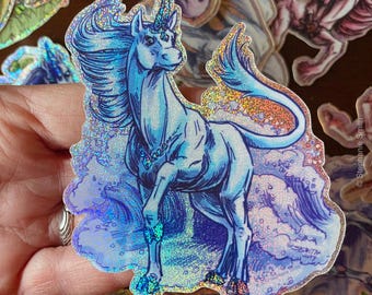 Colorful Unicorn Die-cut Glitter Sticker - Aquamarine Blue March Birthstone Water Splash Fantasy Art