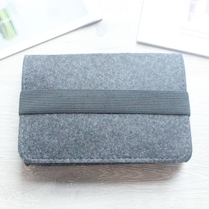 Puede incluir: Una cartera o estuche rectangular de fieltro gris oscuro que presenta una banda elástica negra horizontal envuelta alrededor del centro para asegurar el cierre. El material tiene una apariencia texturizada y suave con esquinas redondeadas.