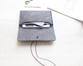 Könnte beinhalten: Ein graues Filz-Handy-Etui mit einer kleinen braunen Schlaufe. Ein weißes Handy und eine Kreditkarte befinden sich im Etui.