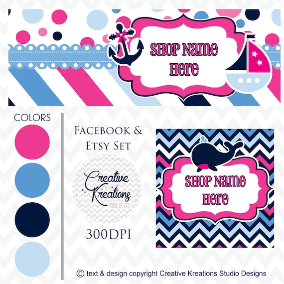 Timeline Banner Pink Navy Nautical Facebook Cover Set Etsy