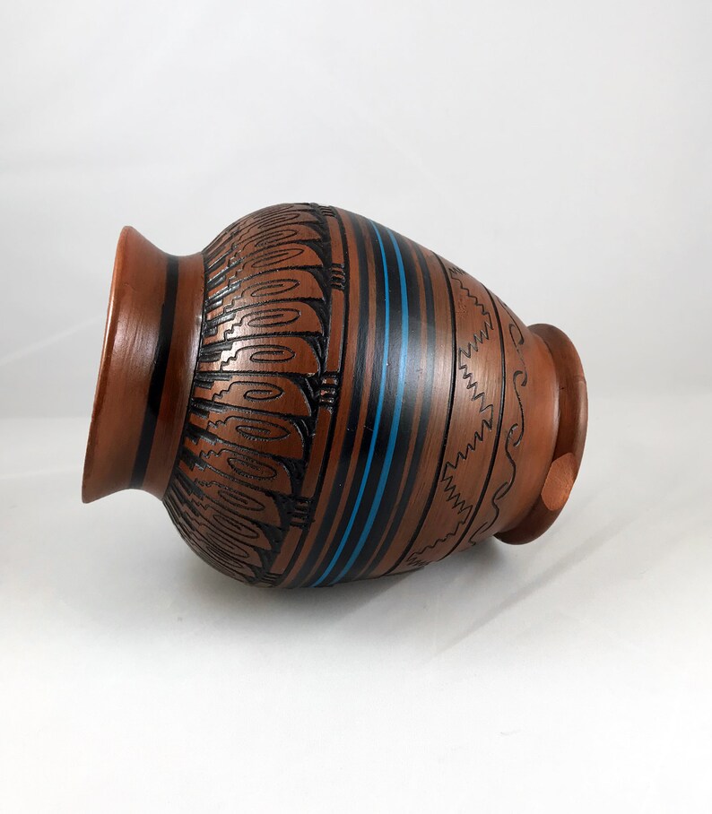 Etched Clay Pottery Hand Painted Native American Ceramics Geometric Signed by Artist Vintage Handmade Native American Navajo Pottery