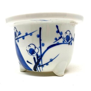 Vintage Blue and White Plum Blossom Planter, Hand Painted Ceramic Tripod Footed Bonsai Style Pot, Drainage Hole, 5" Wide, 3.25" Tall