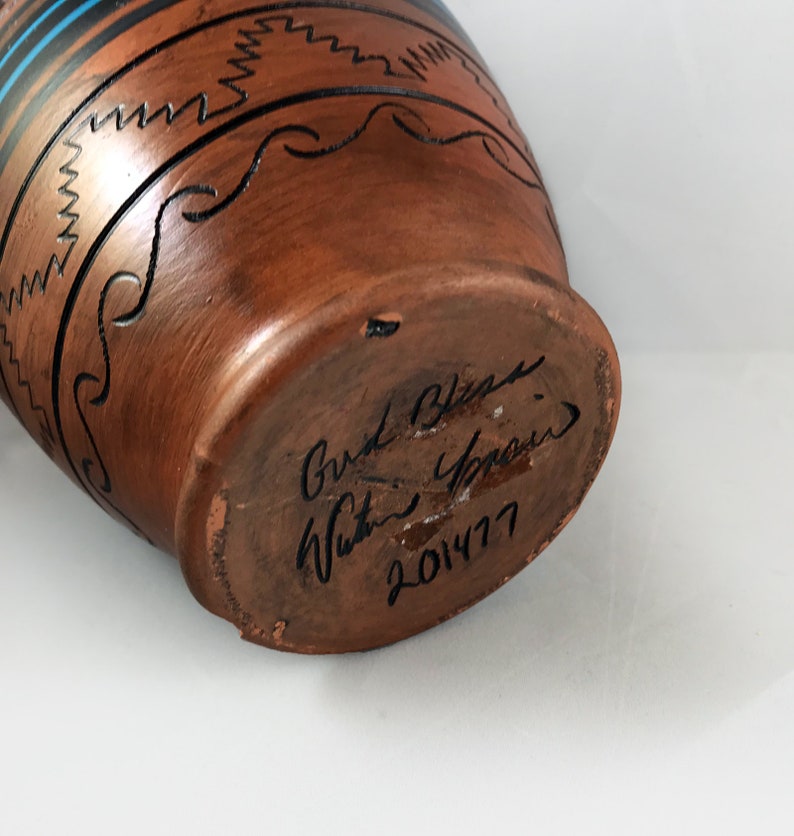 Etched Clay Pottery Hand Painted Native American Ceramics Geometric Signed by Artist Vintage Handmade Native American Navajo Pottery