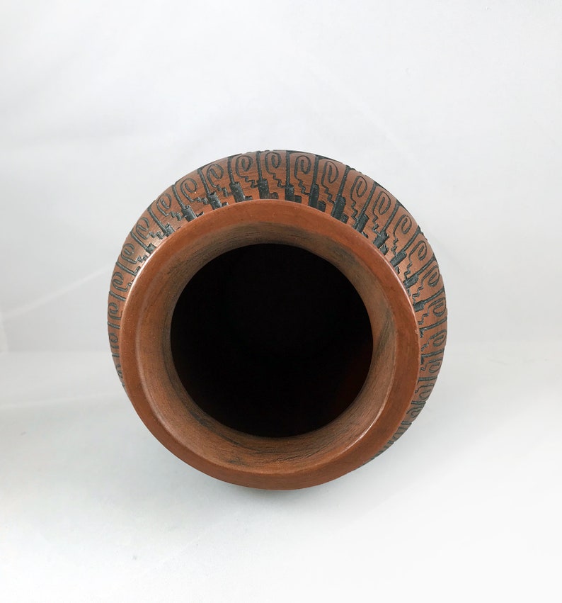 Etched Clay Pottery Hand Painted Native American Ceramics Geometric Signed by Artist Vintage Handmade Native American Navajo Pottery
