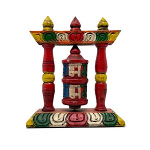 Hand Painted Tibetan Buddhist Tabletop Prayer Wheel, Om Mani Padme Hum Shrine