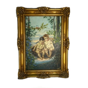 Antique Cherub Putti Oil Painting, Ornate Gilt Frame Fine Art, Old Master Style Cherub Angel Oil Painting,  Large Antique Oil Painting Art
