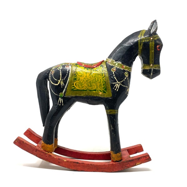 Vintage Hand Painted Colorful Wooden Rocking Horse Statue, Handmade Wood Rocking Horse, India Wood Rocking Horse, Handmade Rocking Horse
