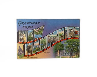 1940s New Hampshire Postcard – Large Letter Linen NH State Souvenir