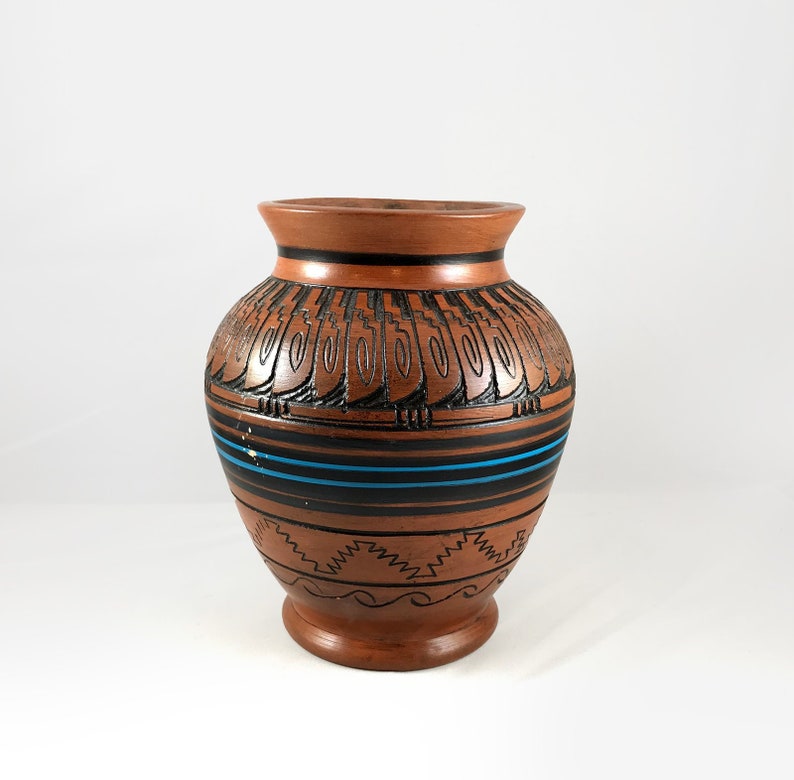 Etched Clay Pottery Hand Painted Native American Ceramics Geometric Signed by Artist Vintage Handmade Native American Navajo Pottery
