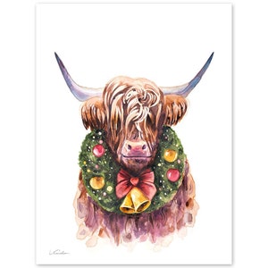 Highland Cow Christmas Print, Cute Highland Cattle Wall Art, Holiday Gift Idea, Funny Farmhouse Art, Watercolor Painting