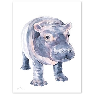 Baby Hippo, Baby Room Decor, Nursery Animal, Colorful Kids Wall Art, Hippopotamus Safari Decor, Watercolor Painting Print by Luke Kanelov