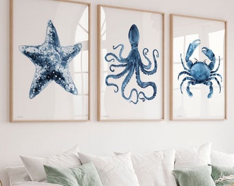 Starfish, Octopus, Crab Set of 3 Prints, Watercolor Painting, Coastal Wall Art, Nautical Nursery Decor, Beach House, Navy Blue Painting,