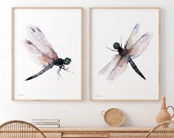 Dragonfly Set of 2 Prints, Watercolor Painting, Boho Art, Animal Illustration, Modern Minimalist, Insect Wall Art, Girl Nursery poster