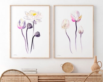 Water Lily Prints, Set of 2, Watercolor Painting, Boho Art, Plant Poster, Nature Illustration, Botanical Decor, Garden Art, Wildflower