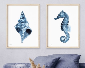 Seashel and Seahorse Prints, Set of 2, Watercolor Painting, Coastal Wall Art, Nautical Nursery Decor, Beach House, Navy Blue Painting,