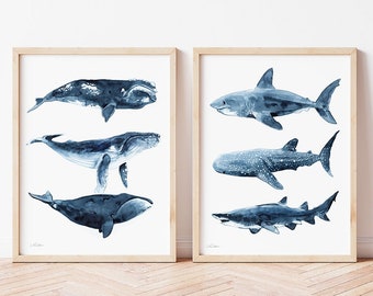 Whales and Sharks Prints, Set of 2, Watercolor Painting, Coastal Wall Art, Nautical Nursery Decor, Beach House, Navy Blue Painting,